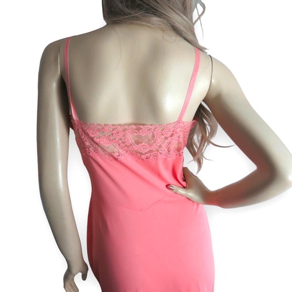 Vintage 1960s Flamingo Pink Lace Slip Dress Small | Fairycore Coquette Lingerie - Picture 7 of 9